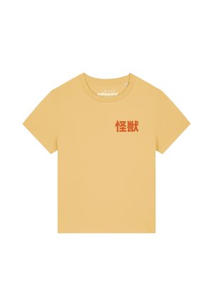 T-shirt jaune à manches courtes avec des caractères japonais rouges sur la partie gauche de la poitrine et un col rond.
