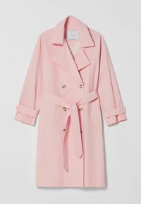 Light pink, double-breasted trench coat featuring a belted waist, notched collar, and rolled sleeves. Made from smooth fabric with gold-tone buttons.