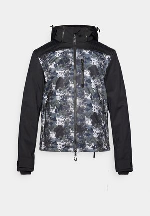 Herrenjacke mit einer schwarzen Kapuze und Ärmeln, einem camouflagemusternden Oberteil in Grautönen und Grüntönen. Mit Reißverschluss und Taschen auf der Vorderseite.