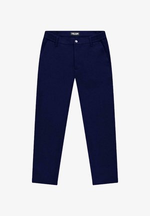 Marineblauwe broek van een gladde katoenmix, met standaard zakken, lussen voor een riem en een enkele knoopsluiting in de taille.