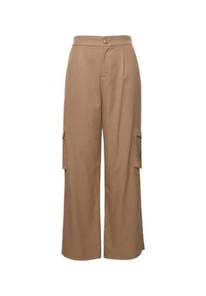 Braune weite Cargo-Hosen mit Knopfverschluss, zwei Seitentaschen, einer glatten Textur und einer lockeren Passform.