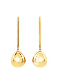 Pendientes colgantes en tono dorado con tallos alargados y formas de lágrima redondeadas y suaves. La superficie reflectante realza su diseño elegante.