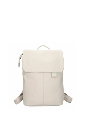 Light beige minimalist backpack with top flap, zipper pull on side, vertical seam, and brand tag "zwei" on front center.