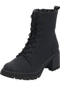 Black ankle boot featuring a smooth leather-like material, lace-up design, block heel, and contrasting white stitching along the sole.