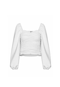 Hvid cropped top med firkantet udskæring, samlet tekstur og lange pufærmer. Glat stof med elastisk snoninger i taljen.