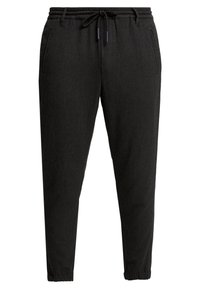 Mustat jogger-housut, joissa on elastinen vyötärö, naru- yksityiskohta ja sivutaskut. Omistaa sileä, tekstuuri kangas ja kapeneva lahje muotoilu.