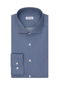 Camicia blu con motivo circolare fine, bottoni bianchi e colletto classico piegato ordinatamente con i polsini abbottonati.