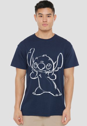 Navy cotton t-shirt featuring a large white sketch of a cartoon character with big ears, standing with arms raised, on the front.