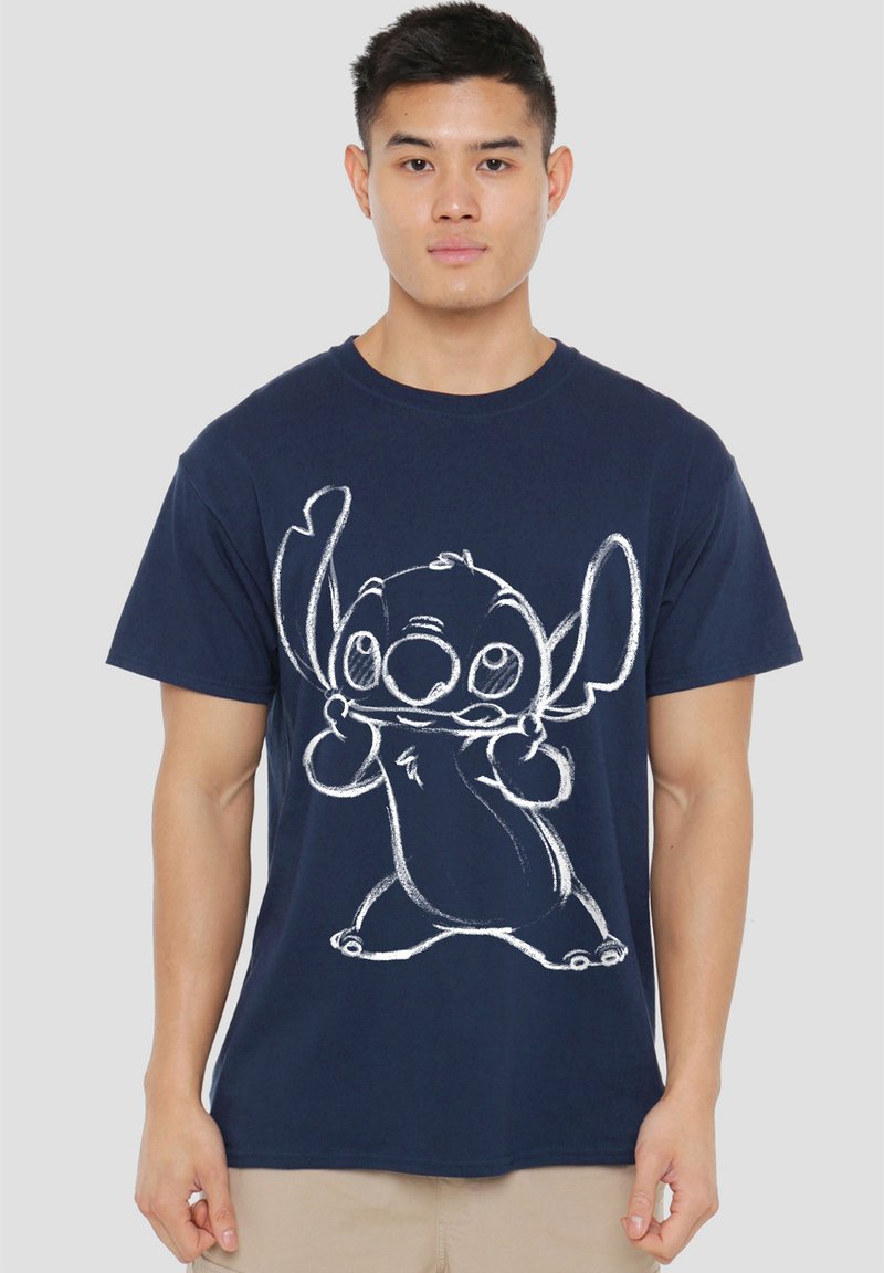 Navy cotton t-shirt featuring a large white sketch of a cartoon character with big ears, standing with arms raised, on the front.