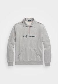 Světlé šedé pulovrové sweatshirt s čtvrtzipovým límcem, přední klokaní kapsou a vyšitým logem "Polo Ralph Lauren" v tmavě zelené barvě.