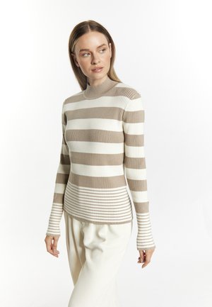Maglione a collo alto in maglia a coste con strisce orizzontali beige e bianche. Design aderente con maniche lunghe e dettagli testurizzati ai polsini.