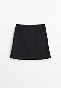 Black mini skirt with a straight cut, featuring straight seams and a smooth texture. The design is simple, with no visible hardware or patterns.