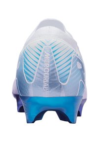 Scarpa con tomaia bianca, accenti blu sfumati e tallone texturizzato. Presenta un distintivo logo "Mercurial" e un design angolare.