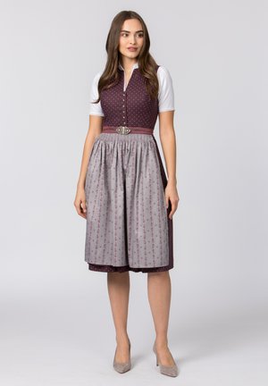 Traditional dress with a fitted maroon polka dot bodice, white sleeves, and a gray skirt featuring floral patterns. Includes a decorative belt.