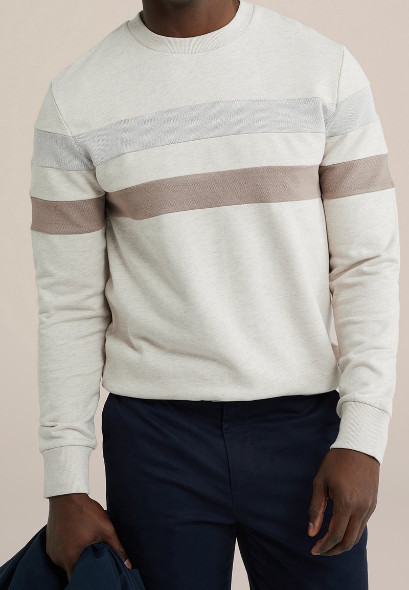 Sweat-shirt gris clair avec des rayures horizontales bleu clair et beige. Présente un col rond et des poignets côtelés, fabriqué dans un tissu doux.