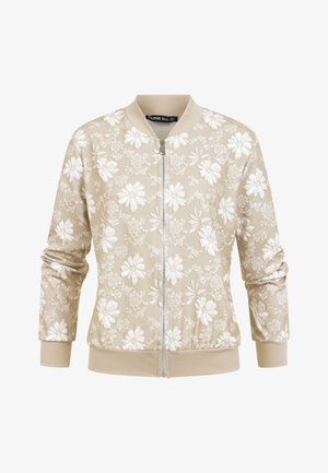 Beige Bomberjacke mit weißen Blumenmustern, Frontreißverschluss, geripptem Kragen, Bündchen und Saum, lange Ärmel, leicht an den Handgelenken gerafft.
