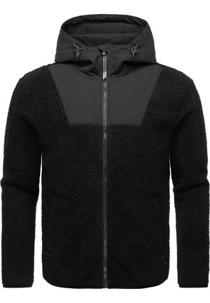 Black fleece jacket with a hood, featuring a smooth fabric upper panel, zip closure, and textured body. Adjustable hood with drawcords.