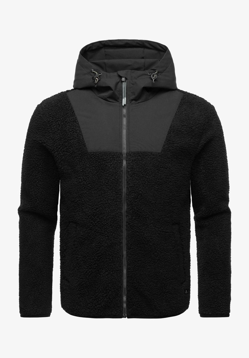 Must musta jope, millel on kapuuts, sujuva kangapinnaga ülemine paneel, tõmblukk ja tekstureeritud kehaosa. Reguleeritav kapuuts koos paeltega.