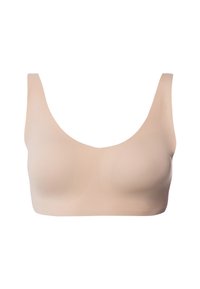 Nude sömlös bh med breda axelband, rundad halsringning och utan spännen eller bygel. Slät textur förbättrar komfort och passform.