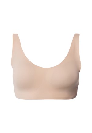 Nude nahtloser BH mit breiten Trägern, einem runden Ausschnitt und ohne Verschlüsse oder Bügel. Die glatte Textur erhöht den Tragekomfort und die Passform.