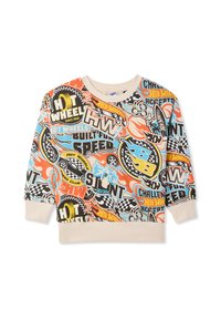 Il colorato felpa presenta una combinazione di grafiche a tema corsa in arancione, blu e nero su uno sfondo crema, con polsini e orlo aderenti.