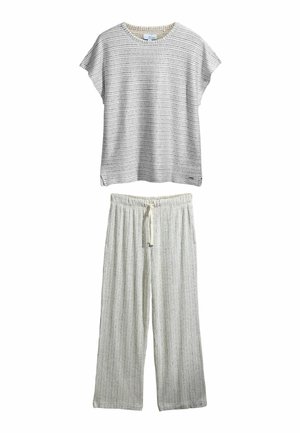 Kortærmet, lysegrå striktrøje med diskrete striber kombineret med matchende brede strikkede bukser med snoretræk i taljen.