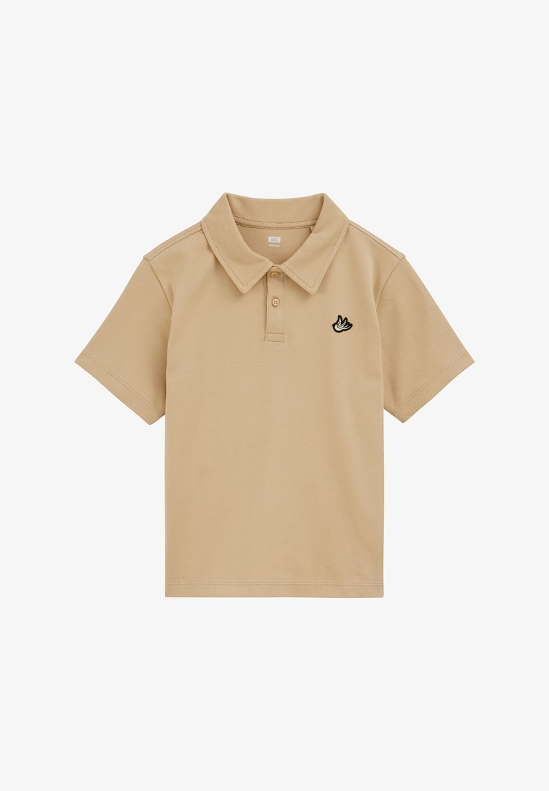 Polo beige à manches courtes avec col, patte de boutonnage à deux boutons et petit logo oiseau noir brodé sur la poitrine gauche.