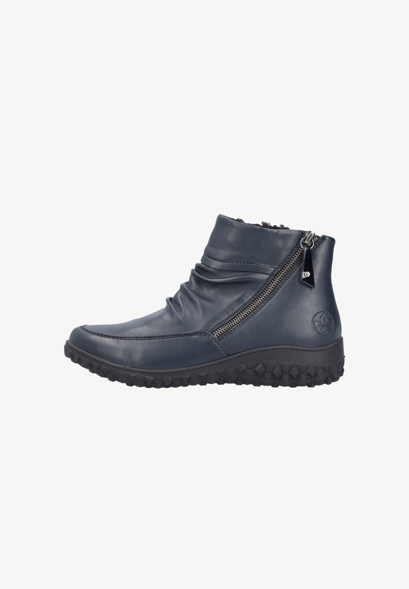 Navy leather ankle boot with a slouched design, side zipper, textured rubber sole, and logo accent on the heel.