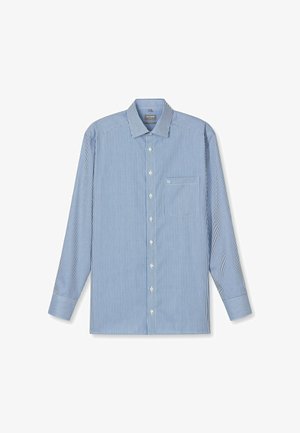 Langarmhemd mit blauen und weißen vertikalen Streifen, Brusttasche, weichem Stoff, traditionellem Kragen und abgerundetem Saum.