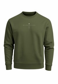 Olive green sweatshirt with long sleeves, ribbed cuffs, and collar. Features the word "NEVERLESS" printed in white across the chest.