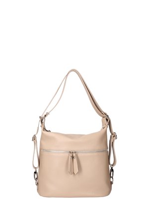 Borsa a tracolla in pelle beige con una finitura texture. Presenta una tasca frontale con zip e una tracolla regolabile per un trasporto versatile.