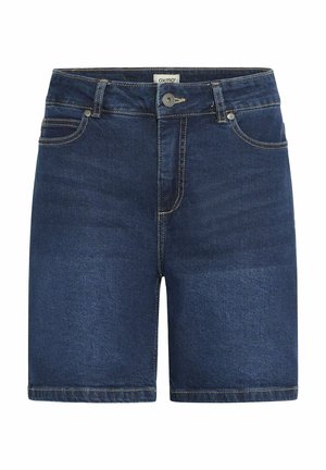 Shorts en denim bleu foncé avec une taille ajustée, des poches avant et un ourlet roulé. Présente des surpiqûres contrastées et une fermeture à un bouton.
