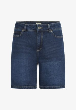 Shorts en denim bleu foncé avec une taille ajustée, des poches avant et un ourlet roulé. Présente des surpiqûres contrastées et une fermeture à un bouton.