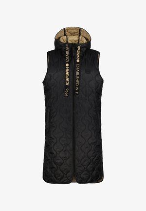 Zwarte mouwloze gewatteerde vest met een capuchon, gouden accenten en ritssluiting. Binnenkant is beige met een gladde textuur. Bevat een logo op de bandjes.