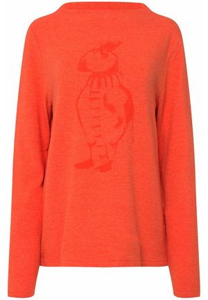Langärmliger, leuchtend orangefarbener Pullover mit entspanntem Ausschnitt, der ein dezentes Grafikdesign eines Vogels in einem Pullover zeigt. Weiche Textur, lässiger Fit.