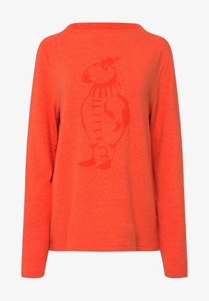 Langärmliger, leuchtend orangefarbener Pullover mit entspanntem Ausschnitt, der ein dezentes Grafikdesign eines Vogels in einem Pullover zeigt. Weiche Textur, lässiger Fit.