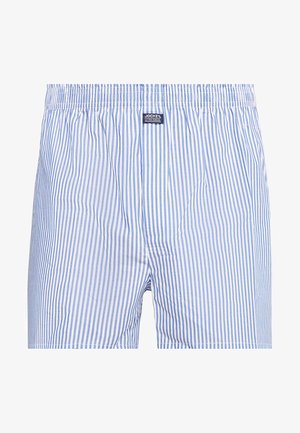 Boxer blu e bianchi a righe con elastico in vita e un piccolo etichetta con logo. Materiale in cotone morbido, vestibilità rilassata, senza ulteriori fantasie.