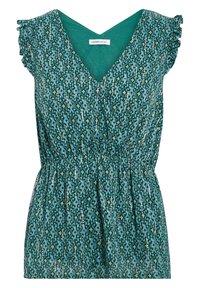 Blouse turquoise avec un col en V, des manches courtes à volants et une ceinture élastique, présentant un motif géométrique dans des tons plus foncés avec des accents dorés.