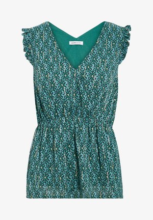 Błękitna bluzka z dekoltem w kształcie litery V, krótkimi falbankowymi rękawami i elastycznym paskiem, z geometrycznym wzorem w ciemniejszych odcieniach i złotymi akcentami.