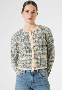 Mujer vistiendo un cardigan abotonado texturizado en azul y beige con bolsillos frontales, combinado con jeans de cintura alta en azul claro, sobre un fondo liso.