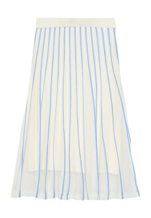 Weißer plissierter Midirock mit vertikalen hellblauen Streifen und breitem Bund, halbtransparentes Gewebe über undurchsichtiger Fütterung gelegt.