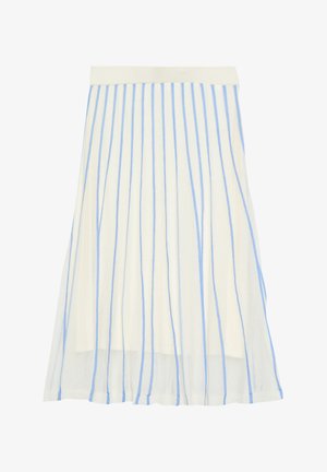 Gonna midi plissettata bianca con righe verticali azzurre e ampia fascia in vita, tessuto semitrasparente sovrapposto a una fodera opaca.