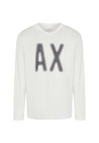 T-shirt bianco a maniche lunghe in cotone con colletto tondo e grande stampa grafica grigia "AX" sulla parte anteriore. Texture liscia, vestibilità regolare.