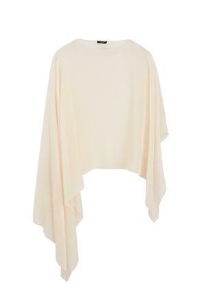 Krémově zbarvený asymetrický pončo se širokými splývavými rukávy a kulatým výstřihem, zobrazený na bílém pozadí.