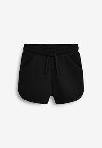 Schwarze Baumwollshorts mit elastischem Bund, Kordelzugverschluss und zwei seitlichen Taschen. Mit abgerundetem Saum und weicher Textur.
