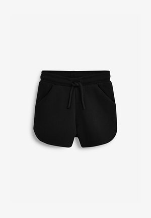 Sorte bomuldsshorts med elastisk talje, snøre lukning og to sidelommer. Har en buet kant og en blød tekstur.