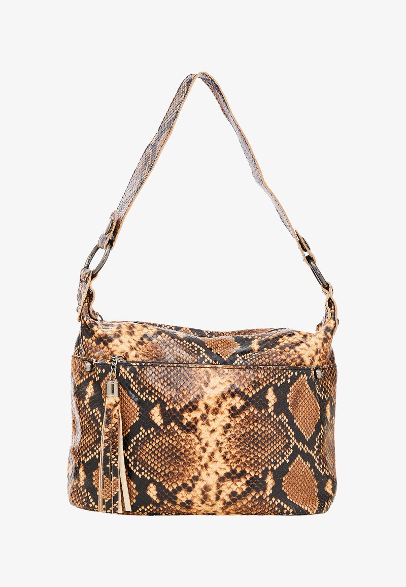 Brun og sort slangeskindsprint skuldertaske med en tekstureret overflade, enkelt skulderrem og en frontlomme med lynlås og frynse-detalje.