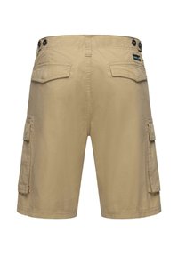 Tan cargo shorts med to sidelommer og to baklommer. Har stikking detaljer og mørke knapper. Laget av lett stoff.