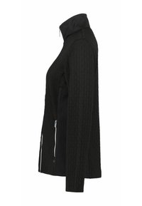 Schwarze Damenjacke mit langen Ärmeln, aus strukturiertem Stoff, hohem Kragen und seitlichen Reißverschlusstaschen, seitlich auf einem weißen Hintergrund gezeigt.
