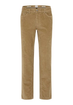 Bruine corduroy broek met rechte pijpen, een gladde textuur, vijf-pocket ontwerp en metalen knoopsluiting in de taille.